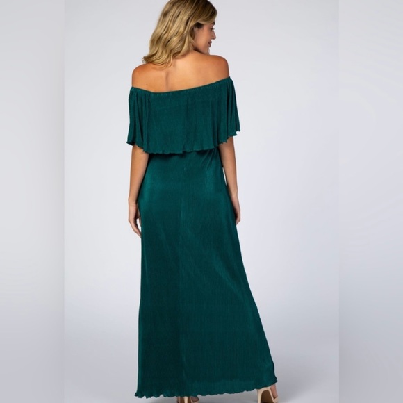 Pinkblush emerald green ribbed satin texture off the shoulder maxi dress nwot - Picture 2 of 4